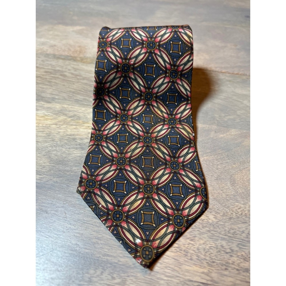 Hunting Horn Mens Necktie Geometric‎ Medallion Silk Navy Red Gold OS
